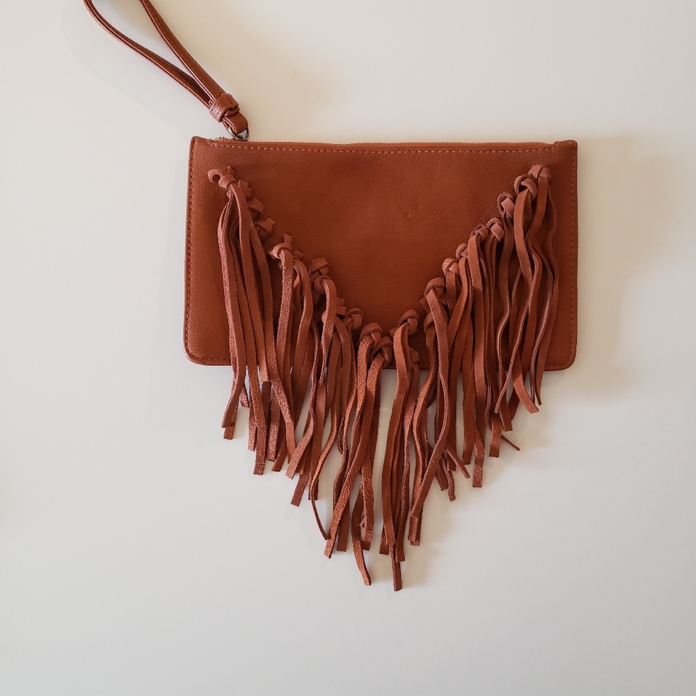 Brown Fringe Wristlet Clutch
